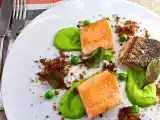 Ricetta Trota salmonata con salsa di piselli e terra di olive