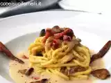 Ricetta Tonnarelli funghi guanciale e crema di cicerchie