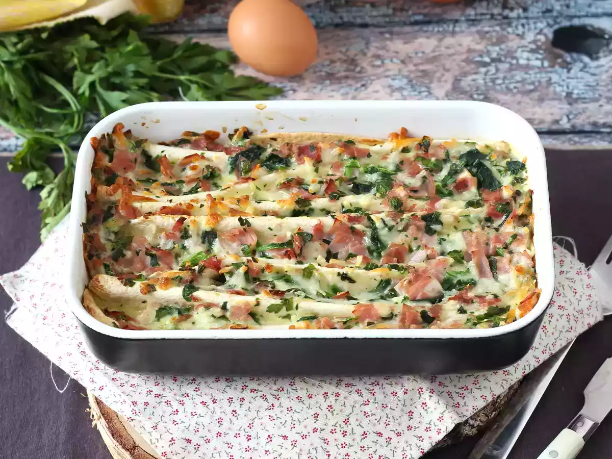 Ricetta Cosa fare con le tortillas? un ottimo gratin di prosciutto, spinaci e mozzarella