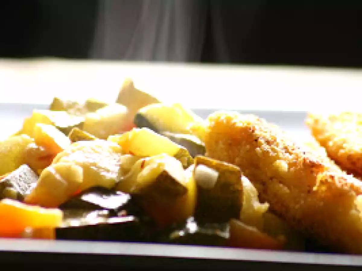 FILETTI DI PERSICO IN CROSTA DI FARINA GIALLA CON ZUCCHINE E CAROTE ALLO ZAFFERANO