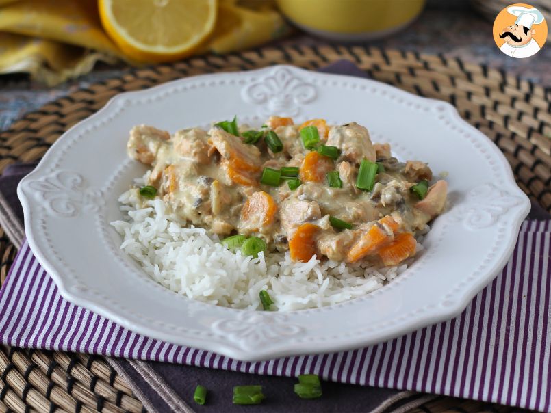 Spezzatino di salmone con funghi e carote